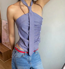 Blue Striped Halter Tie Detail Top