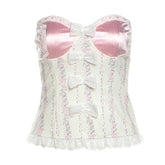 Strapless Lace Trim Pink Print Patchwork Corset Top