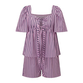 Purple Striped Print Short Sleeve Front Tied Tops And Shorts Set