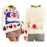Swan Love Heart Pattern Ribbed Crew Neck Sweater
