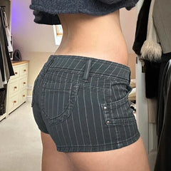 Grey Striped Denim Low-Waisted Shorts
