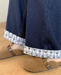 Blue Plaid Patchwork Denim Wide Leg Trousers