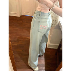 Denim Pink Pocket Bow Embroidery Jeans