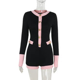 Color Block Ribbed Long Sleeve Playsuit - Gold Button Front Romper