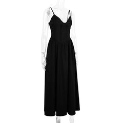 Black Buttoned V-Neck Spaghetti Strap Maxi Dress