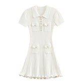 Polo Knitted Short Sleeve Single Breasted Flower Button Mini Dress