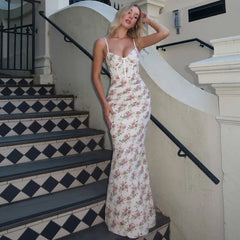 White Floral Corset Print Maxi Dress