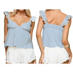 Wide Ruffle Straps V-Neck Babydoll Top