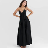 Black Buttoned V-Neck Spaghetti Strap Maxi Dress