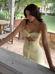 Strapless Cut Out Mesh Corset Ruffles Maxi Dress