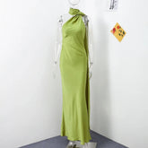 Satin Long Draped Halter Maxi Dress