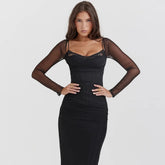 Black Long Sleeve Mesh Bodycon Maxi Dress