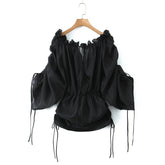 Mesh Long Sleeve Drawstring Chiffon Off Shoulder Mini Dress