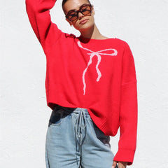 Bow Tie Jacquard O-Neck Sweater
