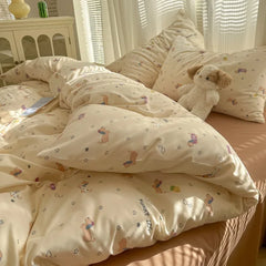 2025 new class A aerobic knitted cotton printing small fresh four-piece set, bed sheet, bed hat four-piece set