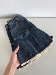 Lace Patchwork High Waist Pleated Denim Mini Skirt