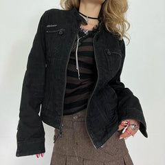Black Double Zipper Denim Jacket