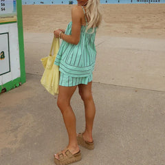 Striped Sleeveless Peplum Cami Top And Boxer Shorts Set