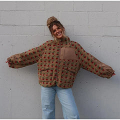 Printed Plush Zipper Short Jacket