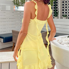 Yellow Ruffle Crop Top And Mini Skirt Set