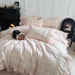 Pink Luxury Princess Wedding Lace Ruffles 100% Cotton Bedding Set Duvet Cover Bed Sheet/Bed Skirt/Fitted Sheet Pillowcases 4Pcs
