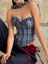 Blue Plaid Print Ruffled Edges Top