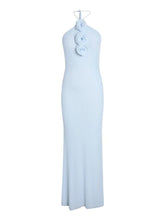 Blue Halter Neck 3D Flower Bodycon Long Dress