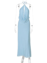 Blue Halter Drape Top And Maxi Skirt Set