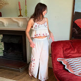 White Flower Embroidery Tank Top And Pants Sets