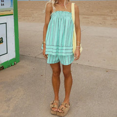 Striped Sleeveless Peplum Cami Top And Boxer Shorts Set