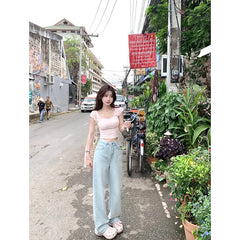 Denim Pink Pocket Bow Embroidery Jeans