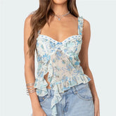 Blue Floral Print Ruffles Tank Top