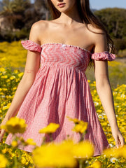 Plaid Off-shoulder Ruched Babydoll Mini Dress