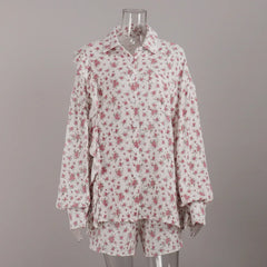 White Linen Printed Shirt And Shorts Set