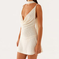 Sheer Cowl Ruffled Hem Cami Dress with Scarf - Mini A-Line
