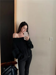 Off-Shoulder Zipper Knitted Jacket