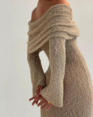 Knit Off-Shoulder Long Sleeve Maxi Dress