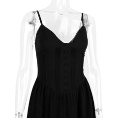 Black Buttoned V-Neck Spaghetti Strap Maxi Dress