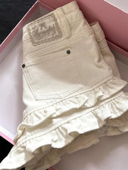 White Denim Frill Shorts