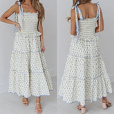 White Floral Print Tie-Up Smocked A-Line Long Dress - Square Neck