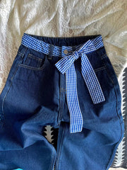 Blue Plaid Patchwork Wide Leg Denim Jeans