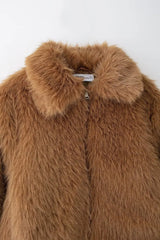Brown Furry Turn Down Collar Long Sleeve Jacket