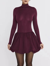 Burgundy Turtleneck Long Sleeve Puff Skirt Mini Dress