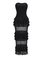 Black Ruffles Patchwork Strapless Maxi Dress