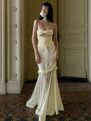 Strapless Cut Out Mesh Corset Ruffles Maxi Dress