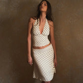 White Polka Dots Halter Top And Midi Skirt Two Piece Set