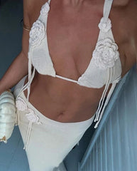 Flower White Knitted Bikini Top Low Waisted Wrap Long Skirt Set
