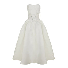 White Strapless Lace Up Midi Dress