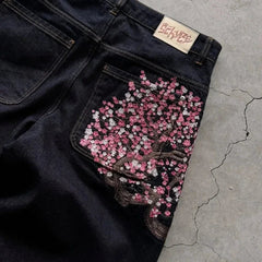 Cherry Blossom Embroidery Wide Leg Jeans