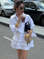 White Collar Shirt And Frill Mini Skirt Set